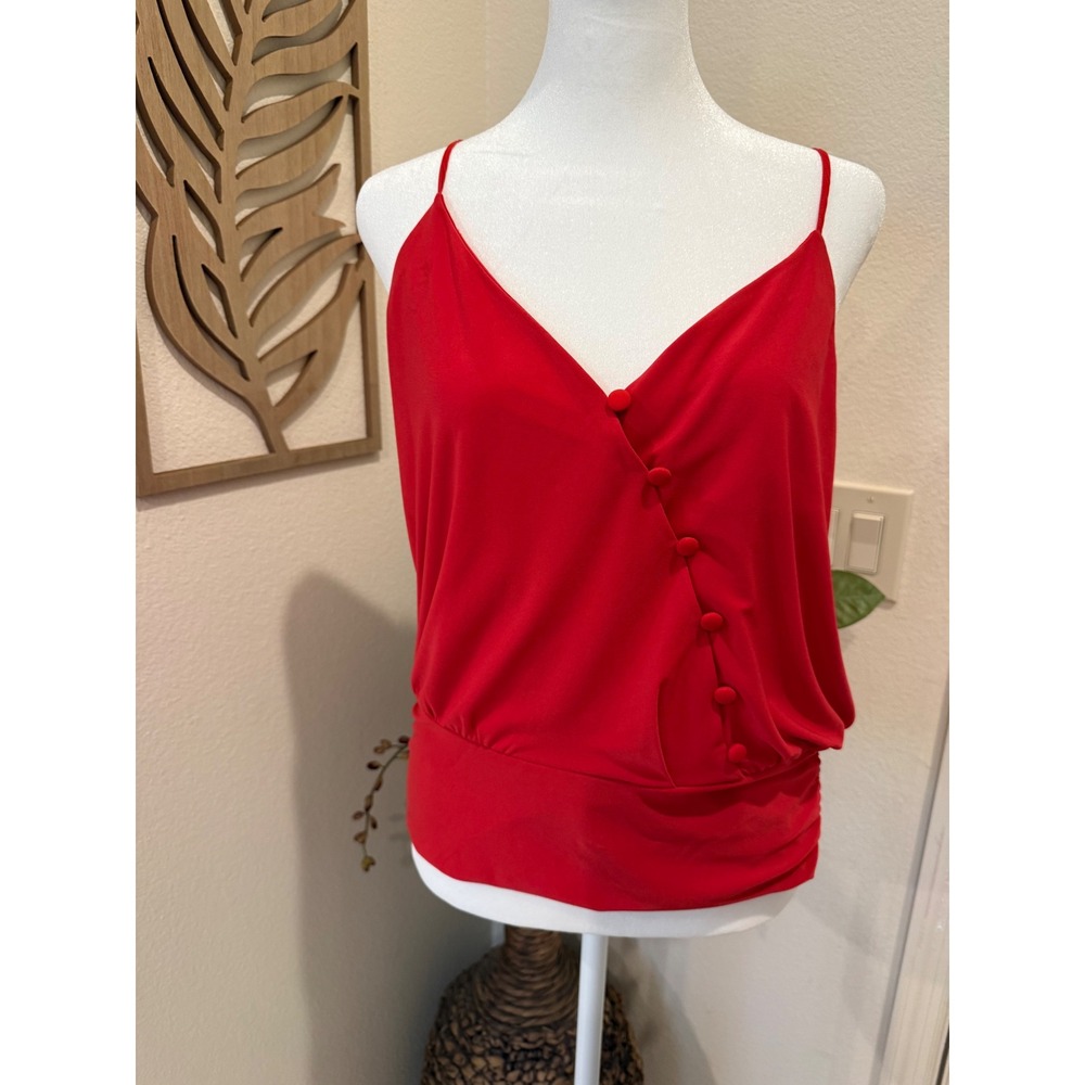 White House Black Market Red Blouson Cami Smocked Hem Faux Wrap Top Medium